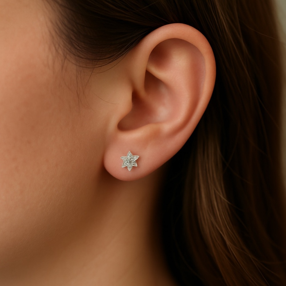 Real Diamond Cluster Star Stud Earrings Sterling Silver
